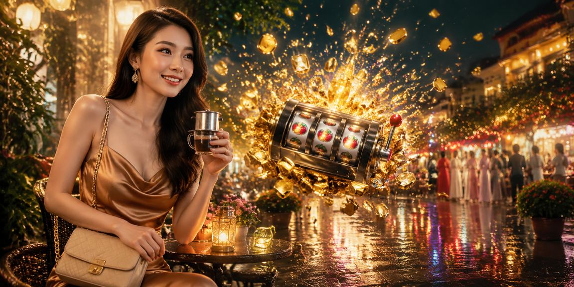 Người dùng tại Đà Lạt chơi slot game trên điện thoại bên ly cà phê buổi sáng