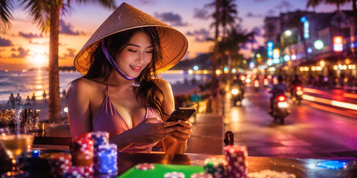 Người chơi game bài truyền thống tại Phú Quốc với hình ảnh nón lá đặc trưng văn hóa Việt